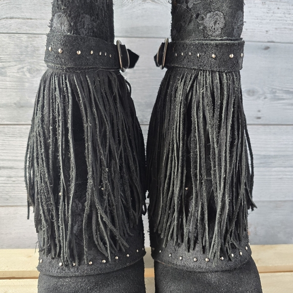 Dan Post Mid Calf Suede Leather Fringe Western Black Boots Size 6 - Picture 5 of 16